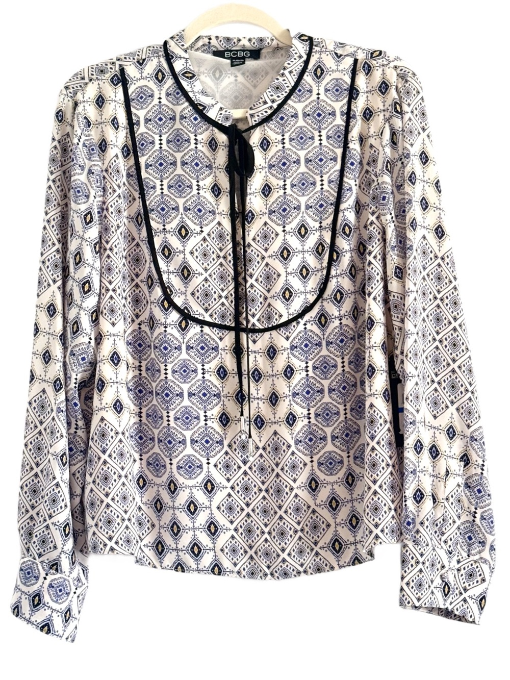 BCBG Navy and White Geometric Tie-Neck Button-Down Blouse XL